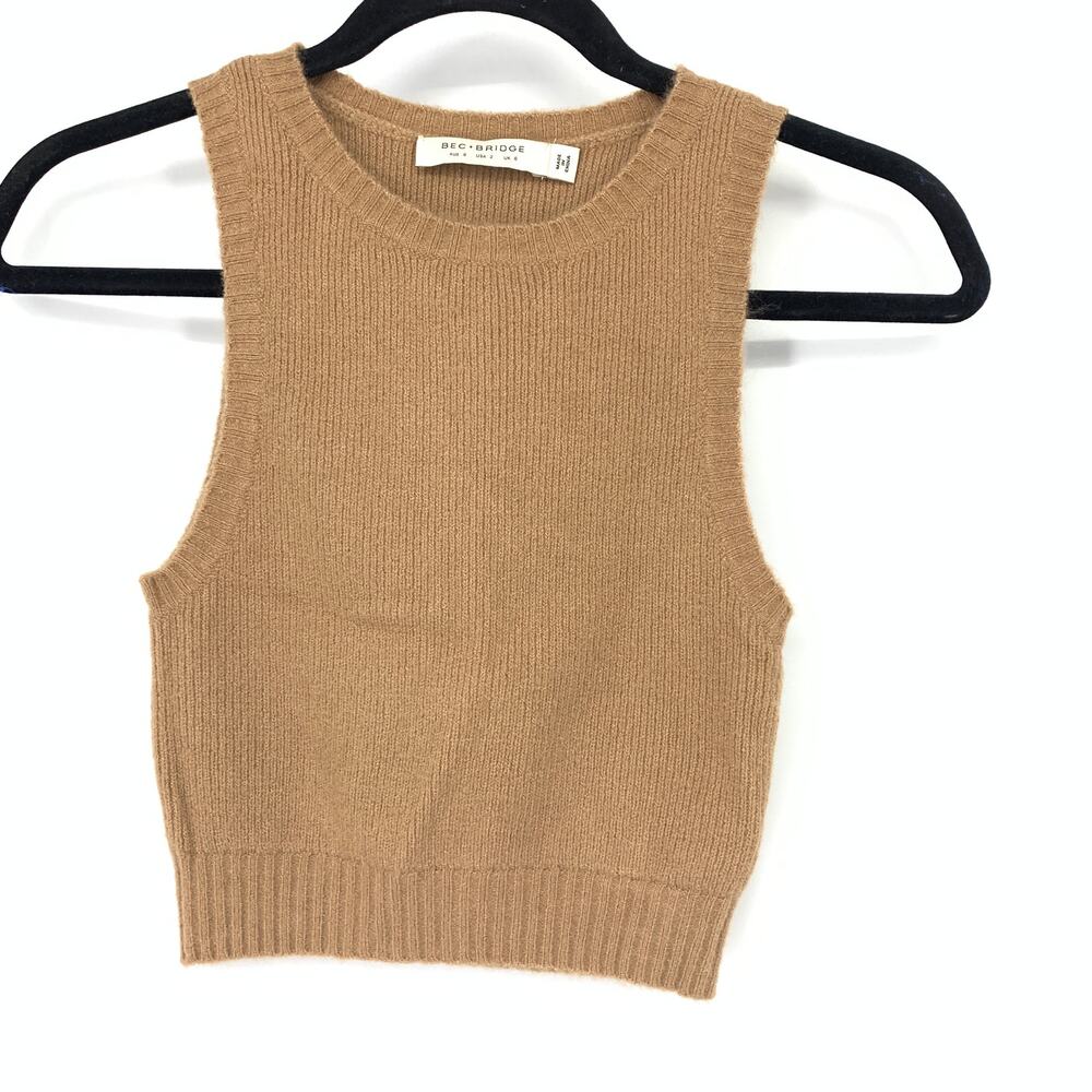 Bec + Bridge Womens US 2 Camel Tan Knit Sweater Vest Sleeveless Crop Top